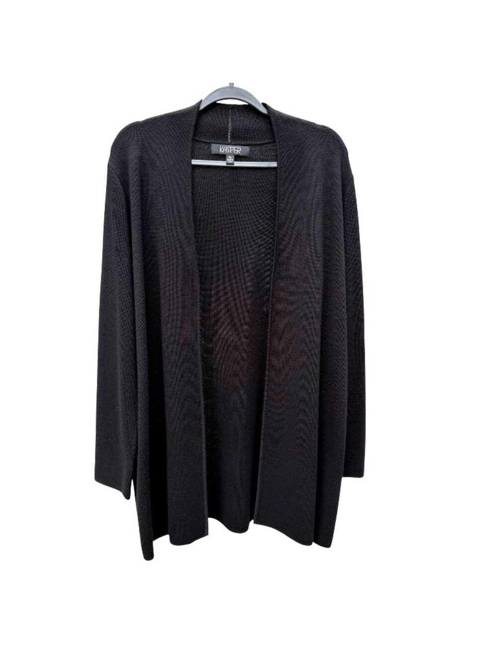 Kasper Cardigan Sweater XL Womens Black Long Knit Open Front Acrylic Wool Blend